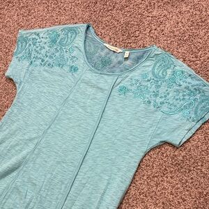 Soft Surroundings Teal Short Sleeve Embroidered A-line Shirt Dress EUC XS